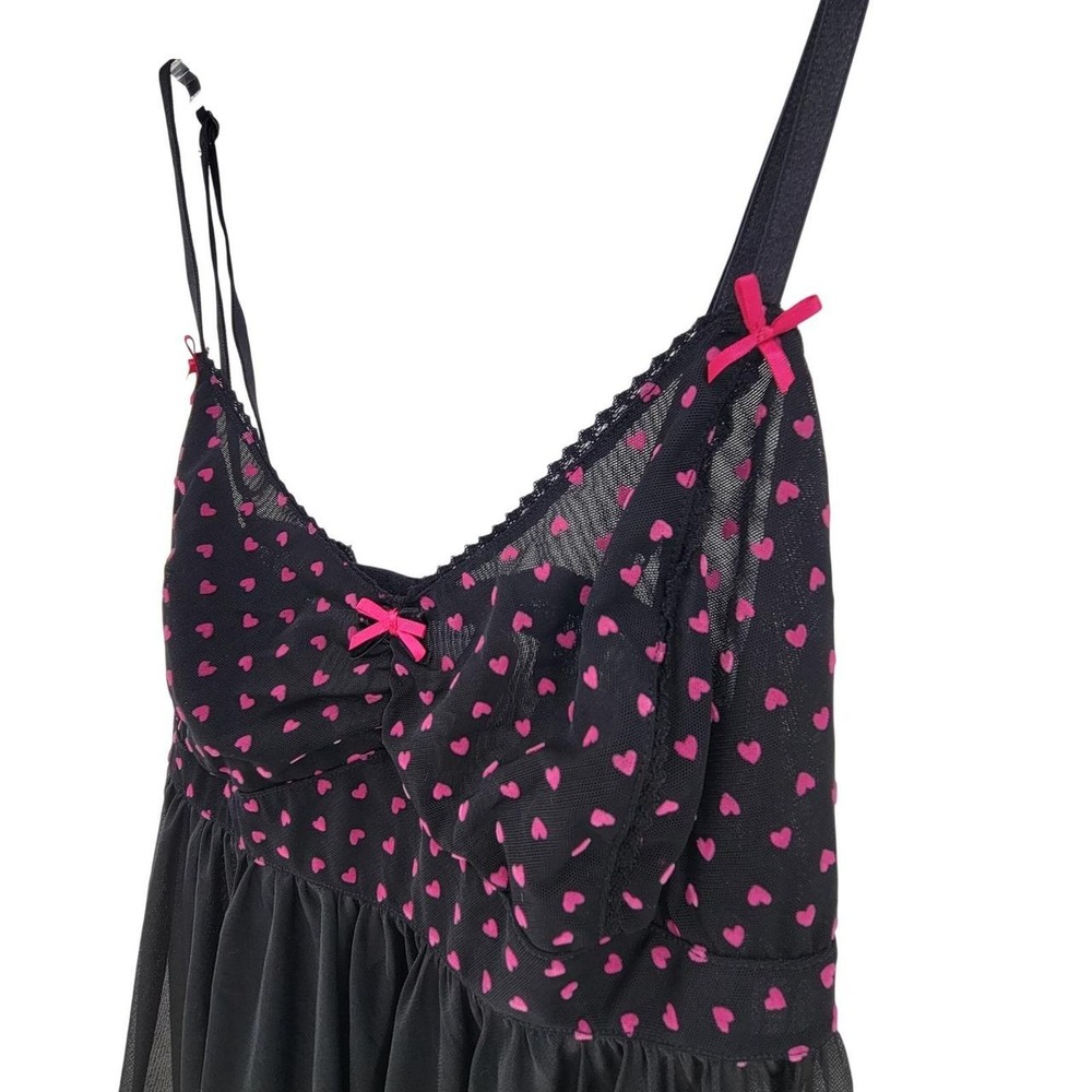 Betsey Johnson Intimates Black Pink Heart Mesh Babydoll Chemise Lingerie L Y2K